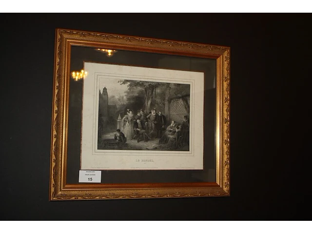 Houten bijzetstoel, kussen mulberry, plaid nobilis, 3 goudkleurige houten kaders, gravure in kader achter glas "le rondel", 2 spaanse kruiken (60,61,62,63,64,65) - afbeelding 1 van  5