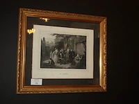 Houten bijzetstoel, kussen mulberry, plaid nobilis, 3 goudkleurige houten kaders, gravure in kader achter glas "le rondel", 2 spaanse kruiken (60,61,62,63,64,65) - afbeelding 1 van  5