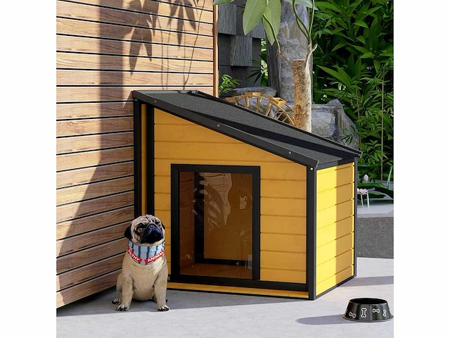 Houten hondenhok met te openen asfalt dak en deurgordijn - buitenhuis voor kleine dieren - voor kleine honden - weerbestendig - geel - 71 x 58 x 53/77 cm - afbeelding 1 van  9