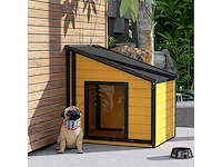 Houten hondenhok met te openen asfalt dak en deurgordijn - buitenhuis voor kleine dieren - voor kleine honden - weerbestendig - geel - 71 x 58 x 53/77 cm - afbeelding 1 van  9