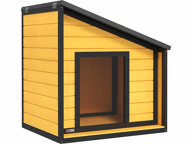 Houten hondenhok met te openen asfalt dak en deurgordijn - buitenhuis voor kleine dieren - voor kleine honden - weerbestendig - geel - 71 x 58 x 53/77 cm - afbeelding 2 van  9