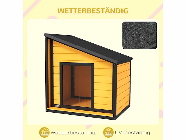 Houten hondenhok met te openen asfalt dak en deurgordijn - buitenhuis voor kleine dieren - voor kleine honden - weerbestendig - geel - 71 x 58 x 53/77 cm - afbeelding 4 van  9