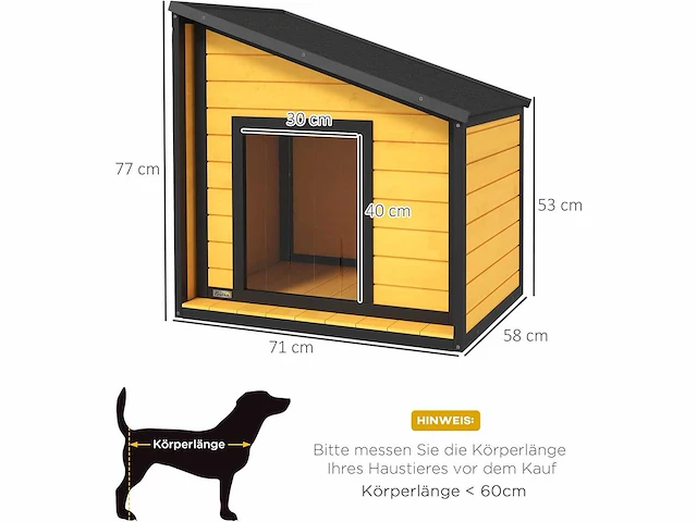 Houten hondenhok met te openen asfalt dak en deurgordijn - buitenhuis voor kleine dieren - voor kleine honden - weerbestendig - geel - 71 x 58 x 53/77 cm - afbeelding 5 van  9