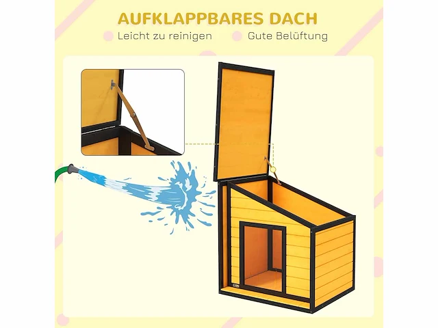 Houten hondenhok met te openen asfalt dak en deurgordijn - buitenhuis voor kleine dieren - voor kleine honden - weerbestendig - geel - 71 x 58 x 53/77 cm - afbeelding 6 van  9