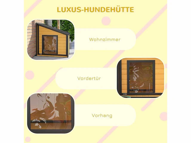 Houten hondenhok met te openen asfalt dak en deurgordijn - buitenhuis voor kleine dieren - voor kleine honden - weerbestendig - geel - 71 x 58 x 53/77 cm - afbeelding 7 van  9