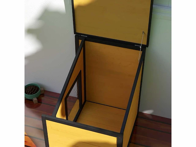 Houten hondenhok met te openen asfalt dak en deurgordijn - buitenhuis voor kleine dieren - voor kleine honden - weerbestendig - geel - 71 x 58 x 53/77 cm - afbeelding 8 van  9