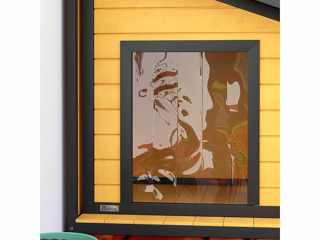 Houten hondenhok met te openen asfalt dak en deurgordijn - buitenhuis voor kleine dieren - voor kleine honden - weerbestendig - geel - 71 x 58 x 53/77 cm - afbeelding 9 van  9