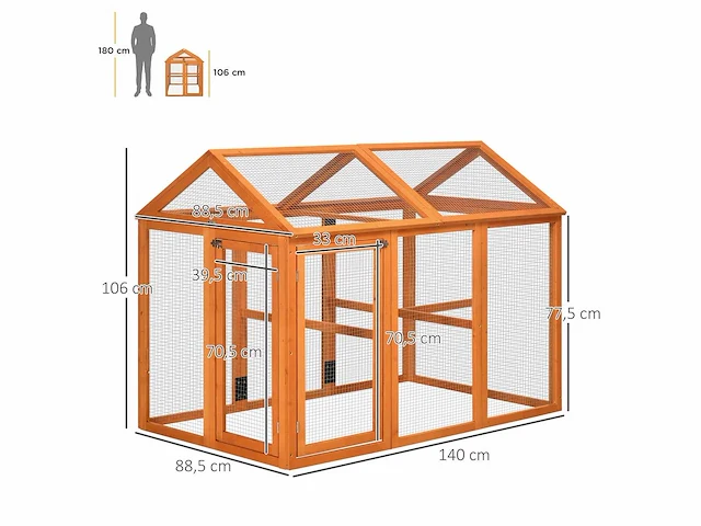 Houten kippenhok kippenhok kippenhok kippenkooi omheind 140 x 88,5 x 106 cm oranje - afbeelding 2 van  7