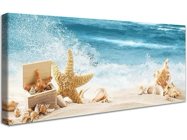 Houten omlijsting zeester in een doos zeegolf canvas - afbeelding 1 van  3
