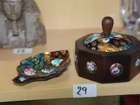 Houten sierdoosje en schaaltje met koperemail - afbeelding 1 van  1