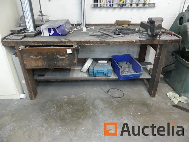 Houten werkbank met bankschroef, 2 metaal kasten 2 deuren - afbeelding 7 van  9