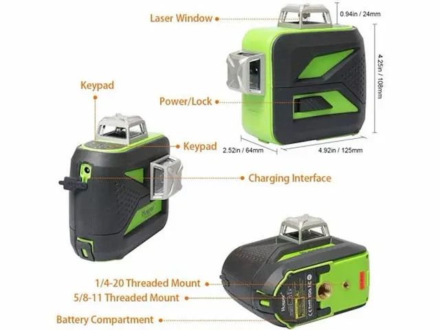 Huepar 603cg 3 x 360 groene kruis laser niveau - afbeelding 2 van  5