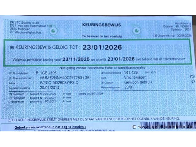 Huisvuilvrachtwagen iveco ad260sy, datum 1ste inschrijving 20/1/2014, chassisnummer wjme2nnc277763, km-stand keuring 1/25 141,439, euro eev, diesel, kenteken 1+2, gelijkvormigheidsattest - afbeelding 8 van  19