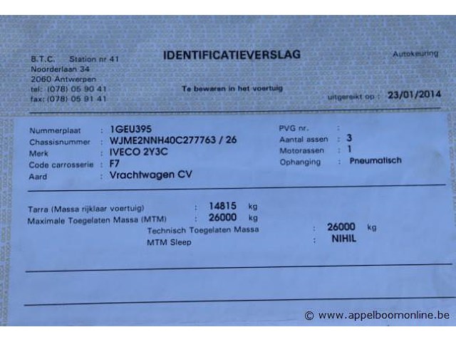 Huisvuilvrachtwagen iveco ad260sy, datum 1ste inschrijving 20/1/2014, chassisnummer wjme2nnc277763, km-stand keuring 1/25 141,439, euro eev, diesel, kenteken 1+2, gelijkvormigheidsattest - afbeelding 9 van  19