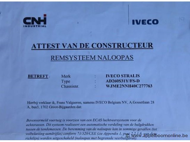 Huisvuilvrachtwagen iveco ad260sy, datum 1ste inschrijving 20/1/2014, chassisnummer wjme2nnc277763, km-stand keuring 1/25 141,439, euro eev, diesel, kenteken 1+2, gelijkvormigheidsattest - afbeelding 10 van  19