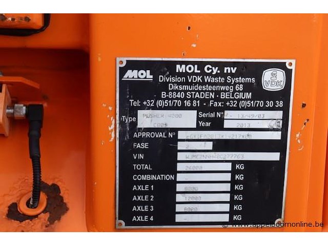 Huisvuilvrachtwagen iveco ad260sy, datum 1ste inschrijving 20/1/2014, chassisnummer wjme2nnc277763, km-stand keuring 1/25 141,439, euro eev, diesel, kenteken 1+2, gelijkvormigheidsattest - afbeelding 18 van  19