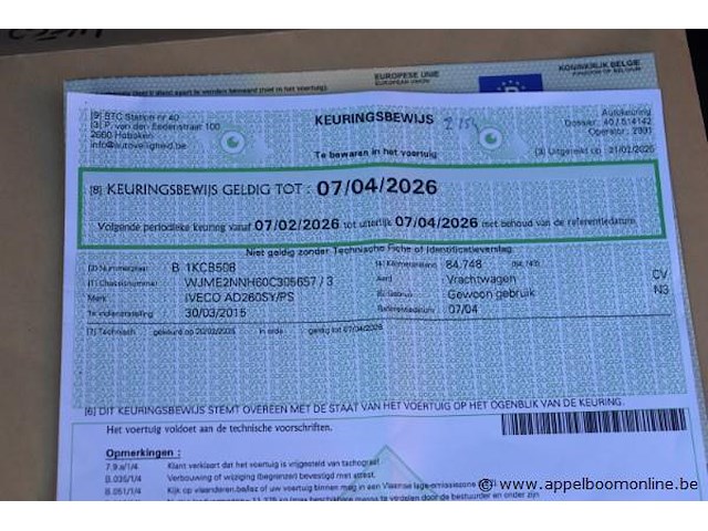 Huisvuilvrachtwagen iveco ad260sy, datum 1ste inschrijving 30/3/2015, chassisnummer wjme2nnh60c305657, km-stand keuring op 2/25 87.748, euro vi, diesel, kenteken + gelijkvormigheidsattest - afbeelding 9 van  20