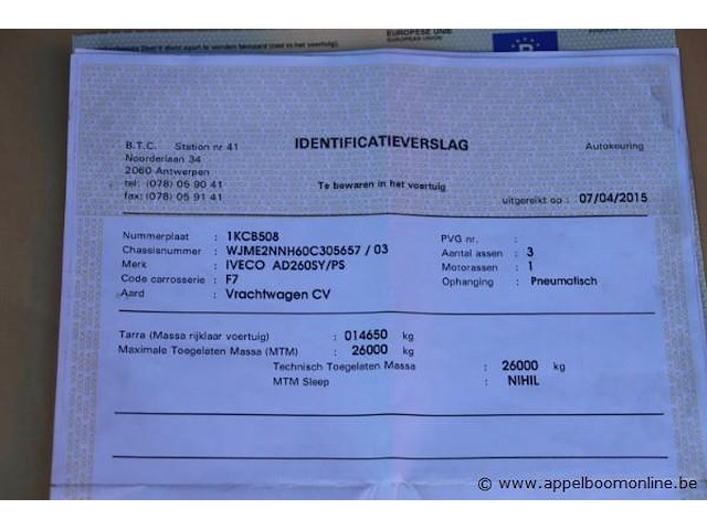 Huisvuilvrachtwagen iveco ad260sy, datum 1ste inschrijving 30/3/2015, chassisnummer wjme2nnh60c305657, km-stand keuring op 2/25 87.748, euro vi, diesel, kenteken + gelijkvormigheidsattest - afbeelding 10 van  20