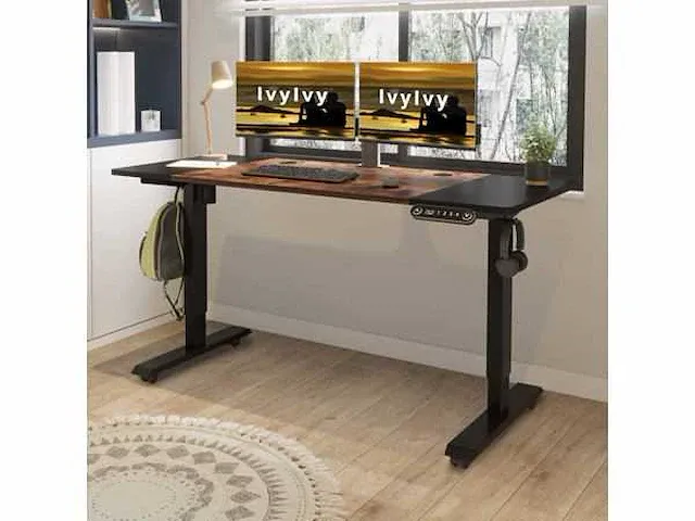 In hoogte verstelbaar bureau (zwart + bruin, 60 x 140 cm) - afbeelding 1 van  8