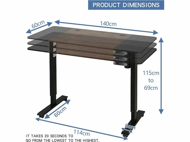 In hoogte verstelbaar bureau (zwart + bruin, 60 x 140 cm) - afbeelding 2 van  8