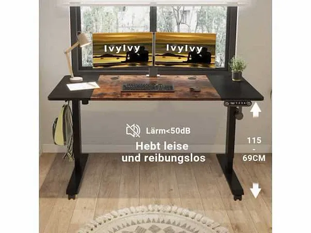 In hoogte verstelbaar bureau (zwart + bruin, 60 x 140 cm) - afbeelding 4 van  8