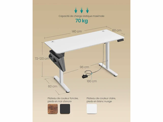 In hoogte verstelbaar elektrisch bureau, 140 x 60 cm - afbeelding 3 van  7
