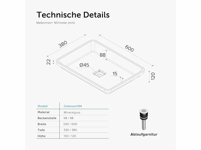 Inbouw wastafel wit - 60 x 38 x 12cm - afbeelding 3 van  8