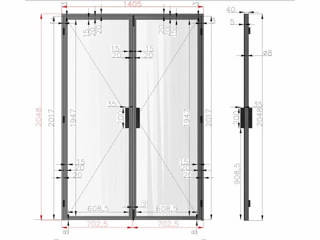 Industriële dubbele stalen deur kathedraalglas (ral 9005) - afbeelding 7 van  8