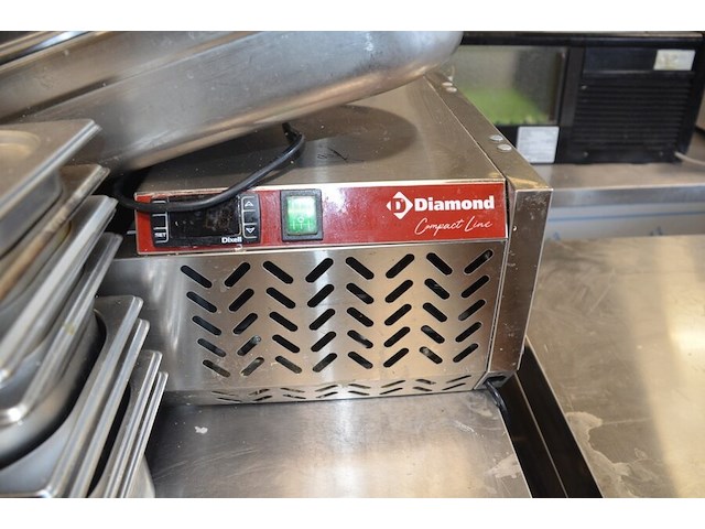 Inox saladette 8 potten diamond afm. ca. 2m met ca. 30 inox reserve bainmarie potten - afbeelding 5 van  6