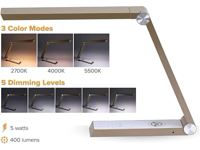 Intelligent led desk light met draadloze oplader+usb-port goudkleurig - afbeelding 2 van  5