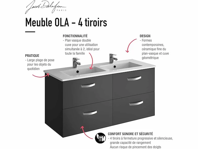 Jacob delafon ebp1349-e14 ola kast 120cm 4 lades-melamine wengé hout, keramiek, 120 x 45 x 56 cm - afbeelding 3 van  4