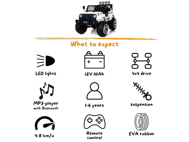 Jeep 4x4 elektrische kinderauto 12v - 1 tot 6 jaar - rubberen banden - wit (nieuw) - afbeelding 6 van  7