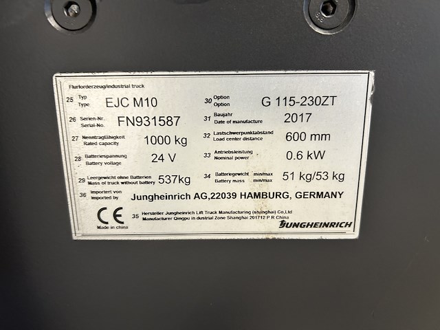 Jungheinrich ejc m10 stapelaar - bj 2017 - afbeelding 8 van  8
