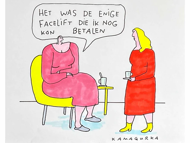 Kamagurka - facelift - inkt en kleurstift op papier - ingelijst - afbeelding 1 van  5