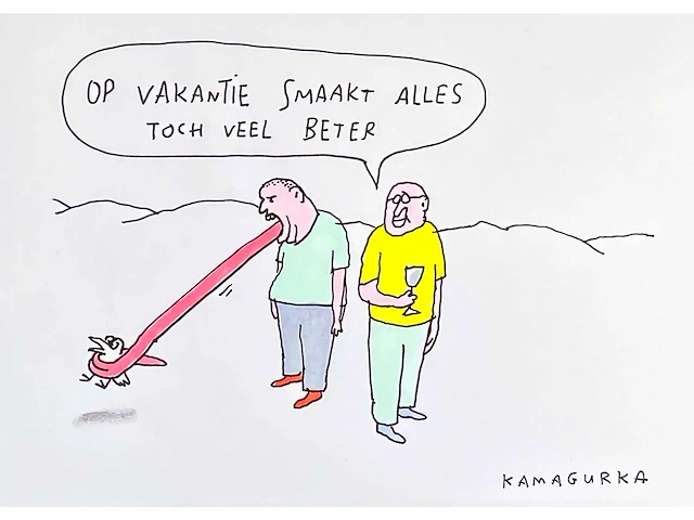 Kamagurka - op vakantie - inkt en kleurstift op papier - ingelijst - afbeelding 1 van  5