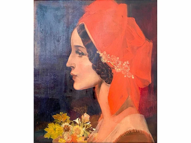 Karel van belle - portret van dame met bloemen - olie op doek - afbeelding 1 van  9
