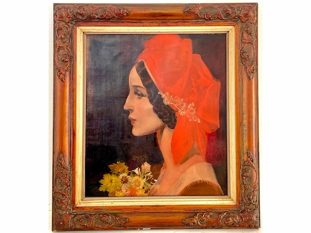 Karel van belle - portret van dame met bloemen - olie op doek - afbeelding 2 van  9