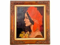 Karel van belle - portret van dame met bloemen - olie op doek - afbeelding 2 van  9