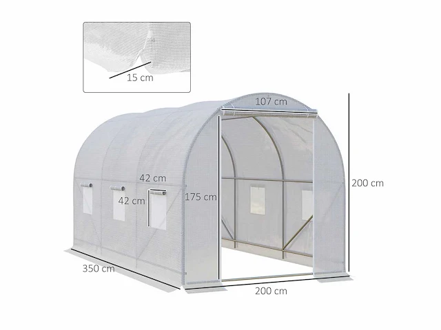 Kas tunnel vloeroppervlak 7 m² 3,5l x 2w x 2h m frame versterkt buisvormig 18 mm 6 ramen wit - afbeelding 2 van  8