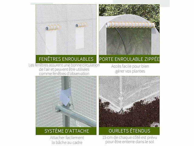 Kas tunnel vloeroppervlak 7 m² 3,5l x 2w x 2h m frame versterkt buisvormig 18 mm 6 ramen wit - afbeelding 3 van  8