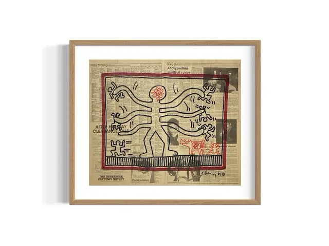 Keith haring - originele tekening op krant - afbeelding 1 van  1