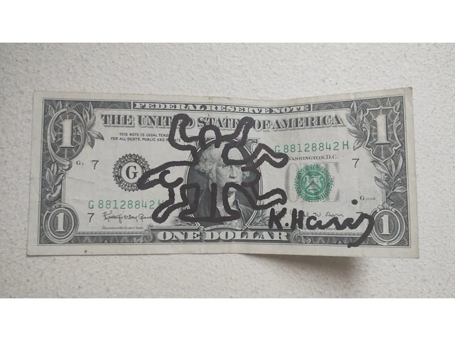 Keith haring viltstift tekening op dollar biljet - afbeelding 1 van  2