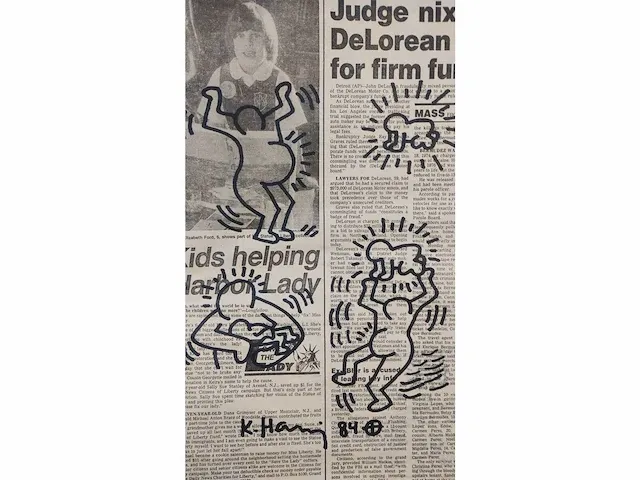 Keith haring viltstift tekening op krant - afbeelding 1 van  7