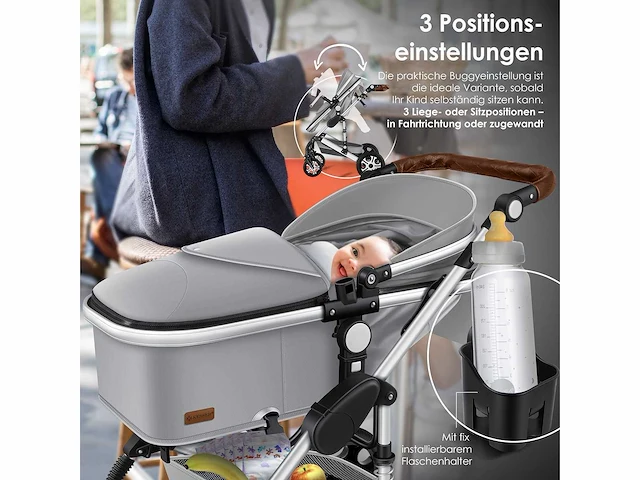 Kinderwagen 3 in 1 kinderwagen combo set compleet met reiswieg en kinderwagen sportzitje en reiswieg - afbeelding 4 van  11