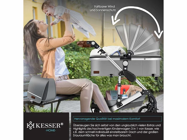 Kinderwagen 3 in 1 kinderwagen combo set compleet met reiswieg en kinderwagen sportzitje en reiswieg - afbeelding 5 van  11