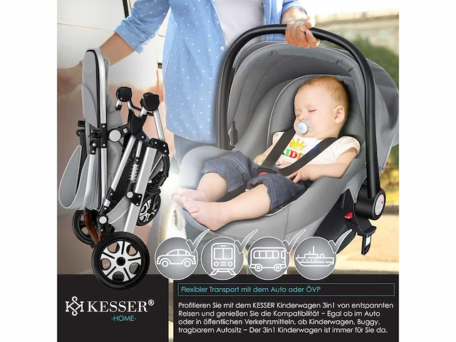 Kinderwagen 3 in 1 kinderwagen combo set compleet met reiswieg en kinderwagen sportzitje en reiswieg - afbeelding 6 van  11