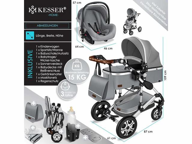 Kinderwagen 3 in 1 kinderwagen combo set compleet met reiswieg en kinderwagen sportzitje en reiswieg - afbeelding 7 van  11