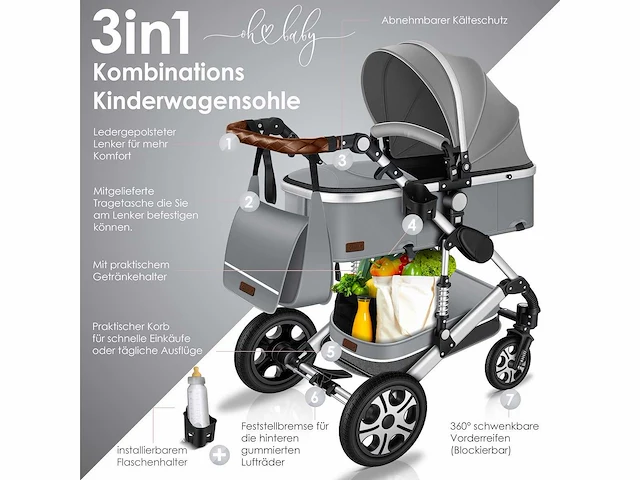 Kinderwagen 3 in 1 kinderwagen combo set compleet met reiswieg en kinderwagen sportzitje en reiswieg - afbeelding 9 van  11