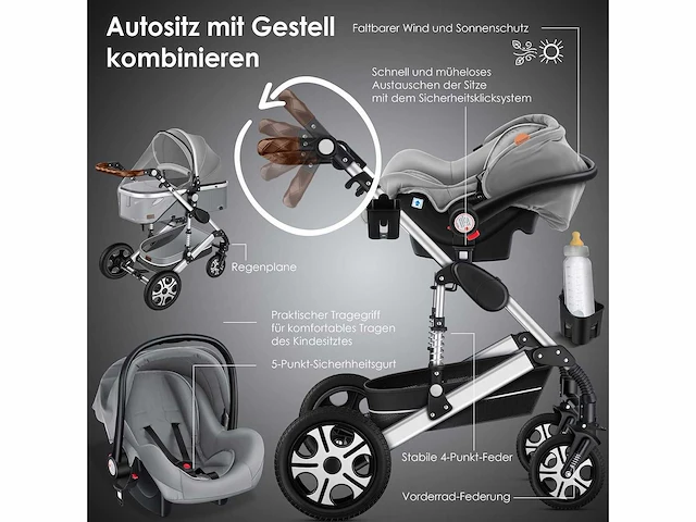Kinderwagen 3 in 1 kinderwagen combo set compleet met reiswieg en kinderwagen sportzitje en reiswieg - afbeelding 10 van  11