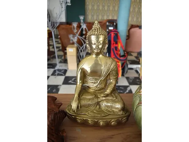 Koperen boedha ca. 30cm, houten boedha ca. 25cm - afbeelding 4 van  5